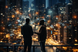 two men standing on a balcony looking at a city