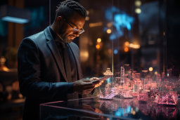 Man Using Tablet with Holographic Cityscape