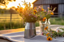 a bouquet of flowers in a metal can on a table