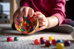 un niño jugando con un tazón colorido