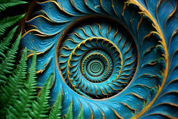 a blue and yellow spiral with green leaves