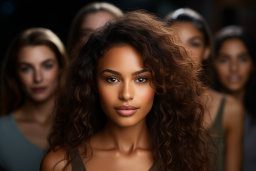 a woman with long curly hair and a group of women behind her