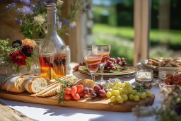 Une table avec de la nourriture et du vin