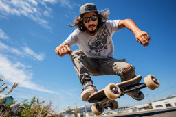 Ein Mann, der auf einem Skateboard in die Luft springt