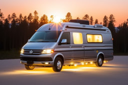 a camper van with lights on